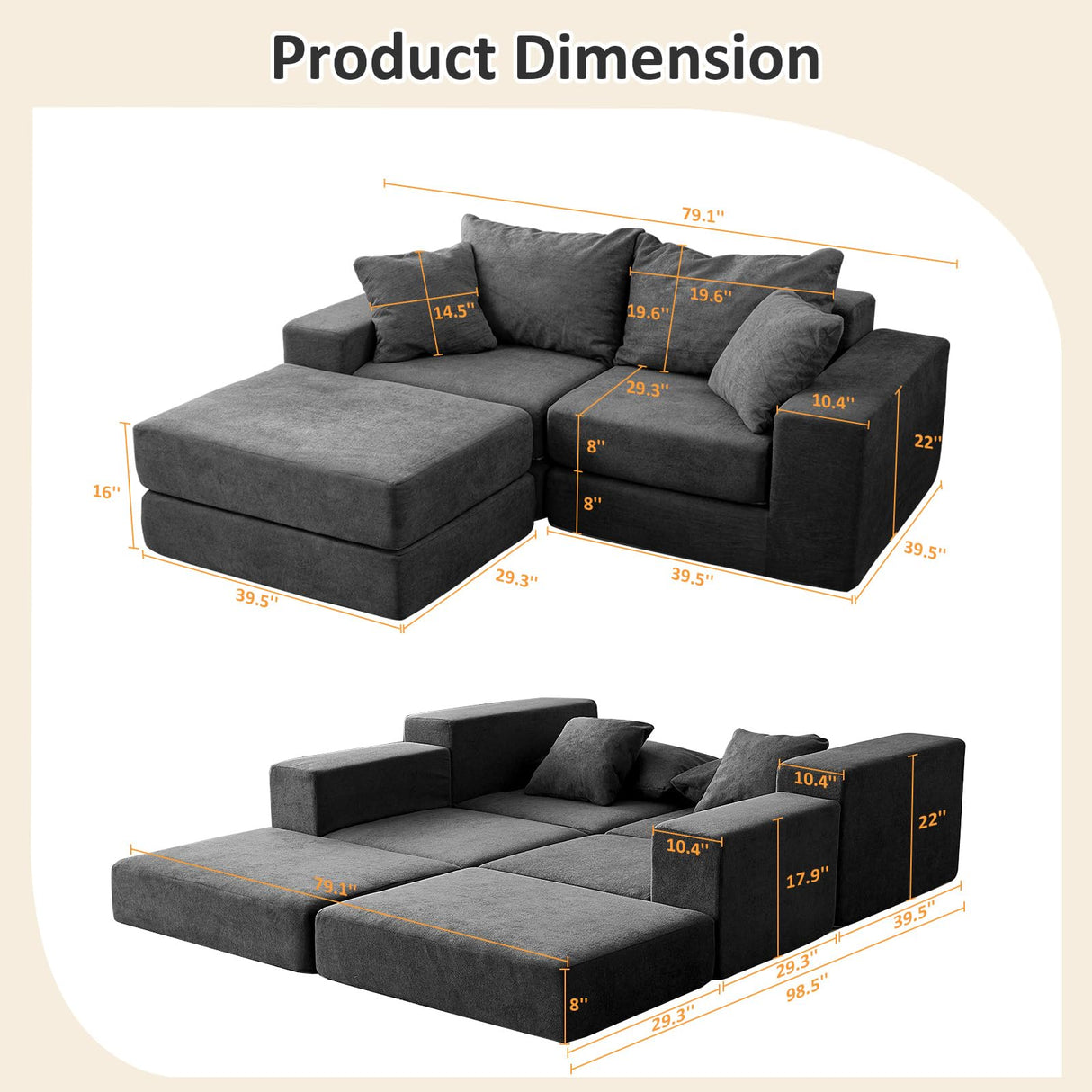 Modular Sectional Loveseat Cloud Sofa, Boneless Couch with Non Slip Base, Modern Sleeper Sofa for Customizable Living Spaces, Cozy Modular Couch with L-Shape Chaise, Deep Seat & No Assembly, Grey CozyMine