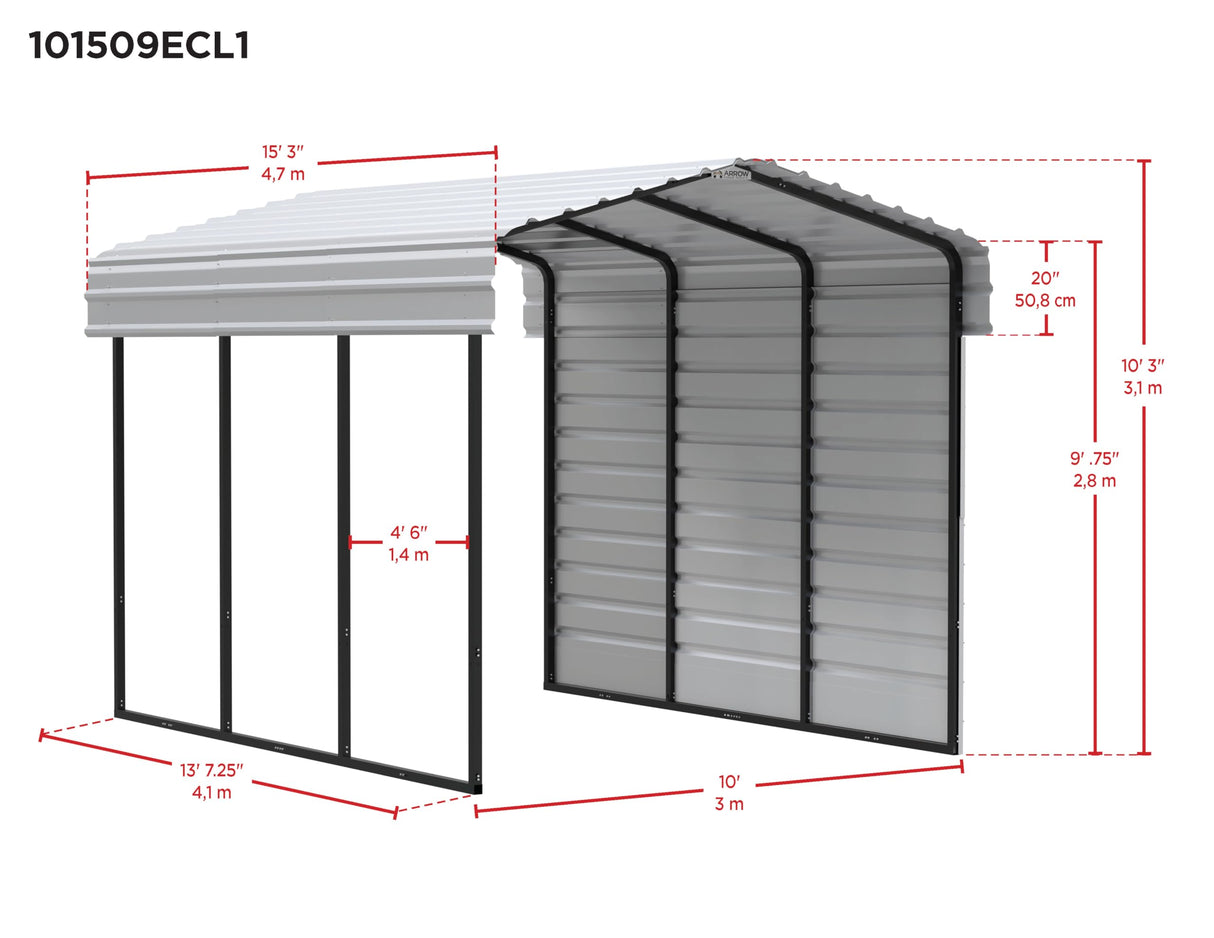 Arrow Carports Galvanized Steel Carport, with 1-Sided Enclosure, Compact Car Metal Carport Kit, 10' x 15' x 9', Charcoal Arrow Shed