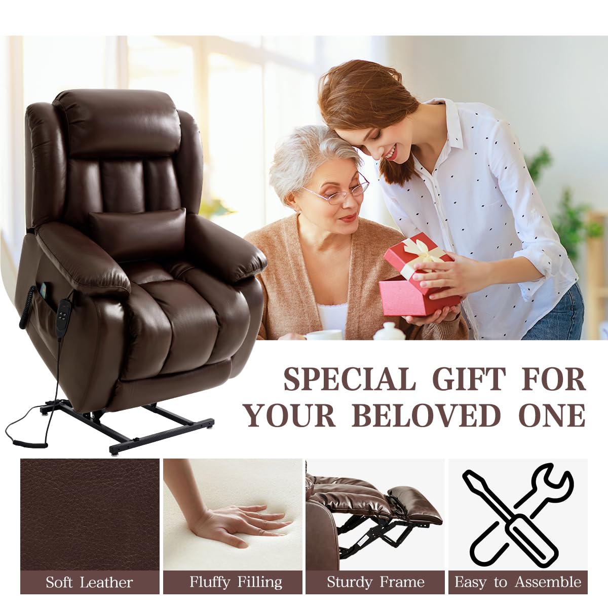 Infinite Position Lay Flat Lift Recliner Chair for Adults, Dual Motor Power Lift Chair for Elderly with Massage & Heating, Extended Footrest, USB Ports, Remote Control & Lumbar Pillow, Leather (Brown) RESTREAL