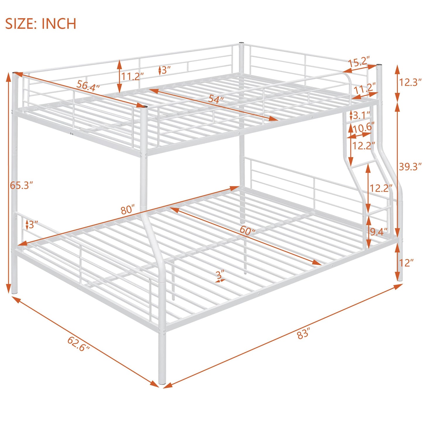 Metal Bunk Beds Full XL Over Queen Size with Ladder and High Guardrail, Able to Split, Full XL Over Queen Metal Bunk Beds, Storage Space, Noise Free, Easy Assembly (White)