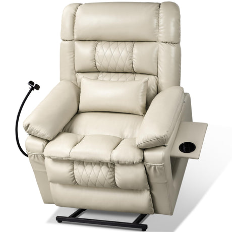 Dual Motor Recliner Chair with Heat & Massage, Faux Leather Power Lift Recliner Chair for Elderly, Cup Holder Tray, Phone Holder, Detachable Armrests, USB & Type-C Ports, Pillow (White, Medium) SUKACH