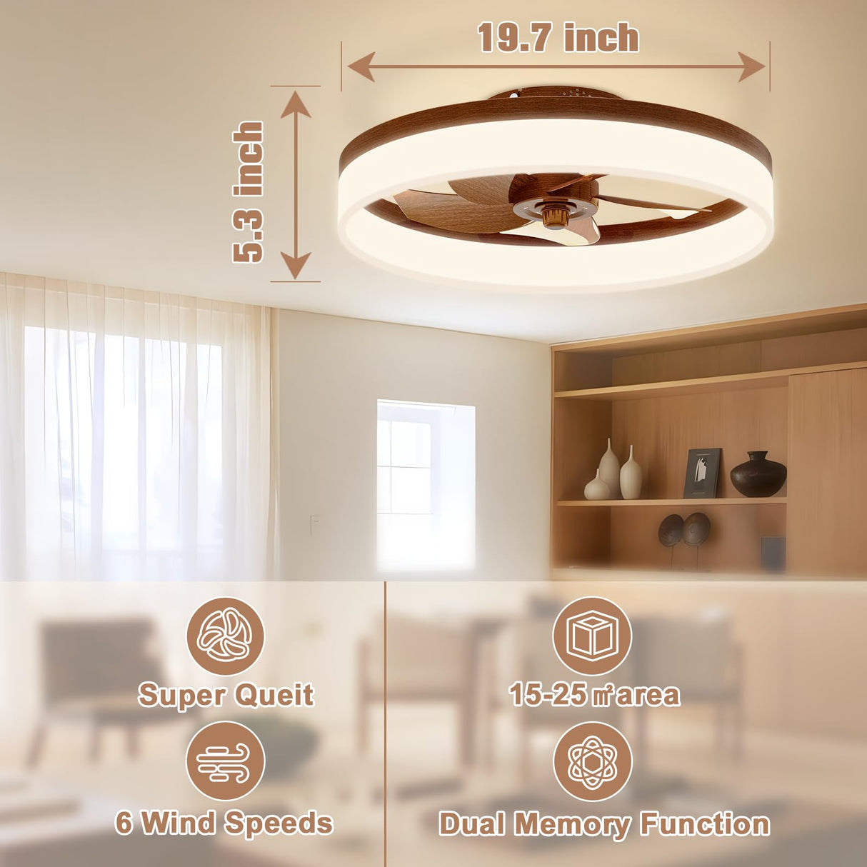 VOLISUN Farmhouse Ceiling Fans with Lights and Remote, 19.7in Low Profile Ceiling Fan Flush Mount, 3000K-6500K Dimmable Bladeless LED Fan Light, Fandelier Ceiling Fans with Lights for Bedroom(Walnut) VOLISUN