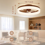 VOLISUN Farmhouse Ceiling Fans with Lights and Remote, 19.7in Low Profile Ceiling Fan Flush Mount, 3000K-6500K Dimmable Bladeless LED Fan Light, Fandelier Ceiling Fans with Lights for Bedroom(Walnut) VOLISUN