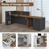 Huariifowm Modern L Shape Reception Desk with Counter,Stylish Front Desk Reception Counter with Drawers, Open Shelves, and Keyboard Tray (Walnut+Iron Gray/Left, 71" L*24" W*41" H) Huariifowm