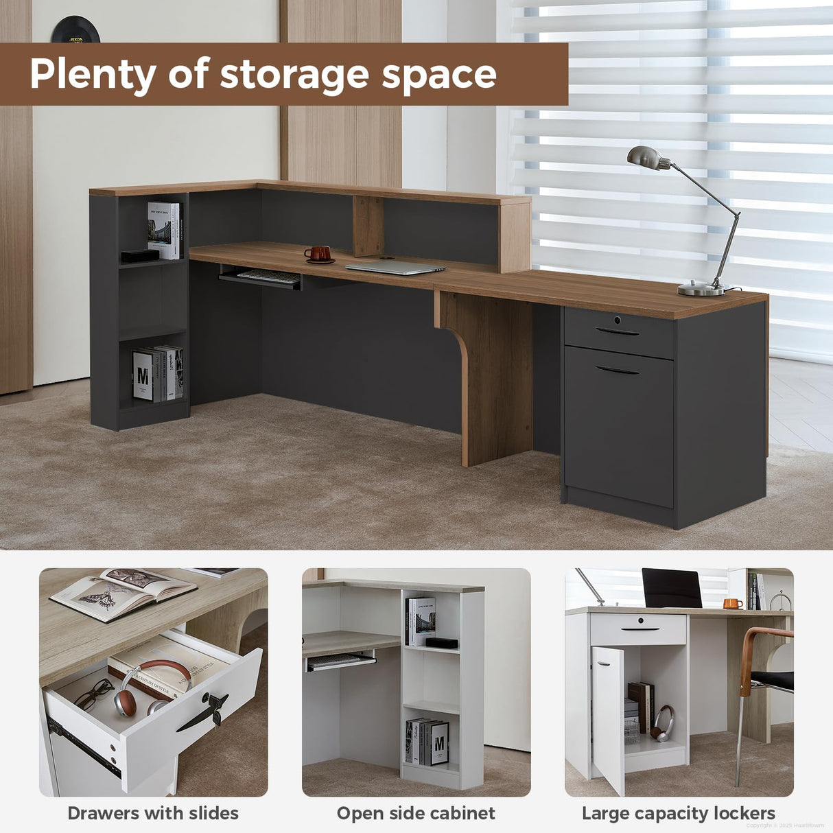 Huariifowm Modern L Shape Reception Desk with Counter,Stylish Front Desk Reception Counter with Drawers, Open Shelves, and Keyboard Tray (Walnut+Iron Gray/Left, 87" L*24" W*41" H) Huariifowm