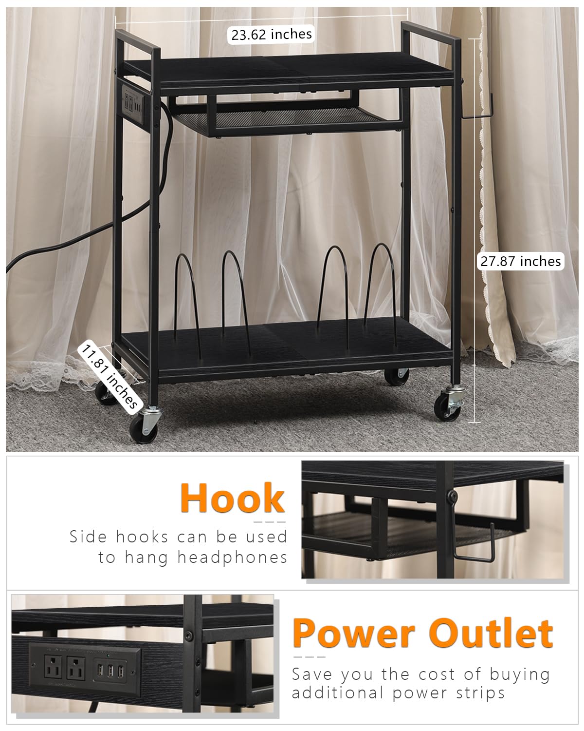 MOOACE Record Player Stand, Vinyl Storage Cabinet, Turntable Stand with Charging Station, Record Holder, Album Shelf, Nightstand, 2 Tier End Table on Wheels for Bedroom and Living Room, Black MOOACE