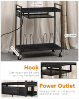 MOOACE Record Player Stand, Vinyl Storage Cabinet, Turntable Stand with Charging Station, Record Holder, Album Shelf, Nightstand, 2 Tier End Table on Wheels for Bedroom and Living Room, Black MOOACE