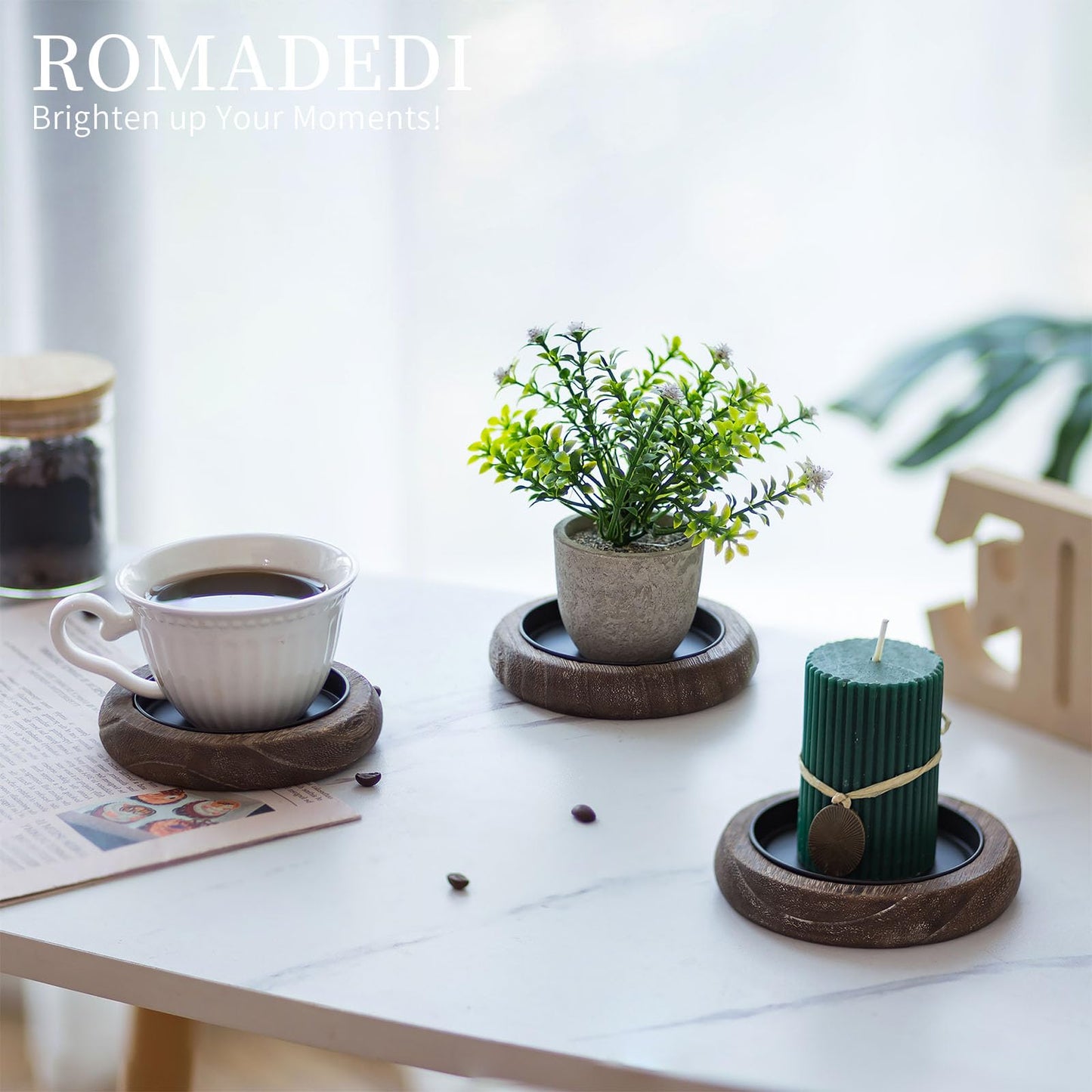 Romadedi Wood Candle Holder Farmhouse Decor - Pillar Candle Holders for Table Centerpiece Small Tray Riser Set of 2 Round Wooden Plate Pedestal Stand for Coffee Table Home Living Room, Brown - WoodArtSupply