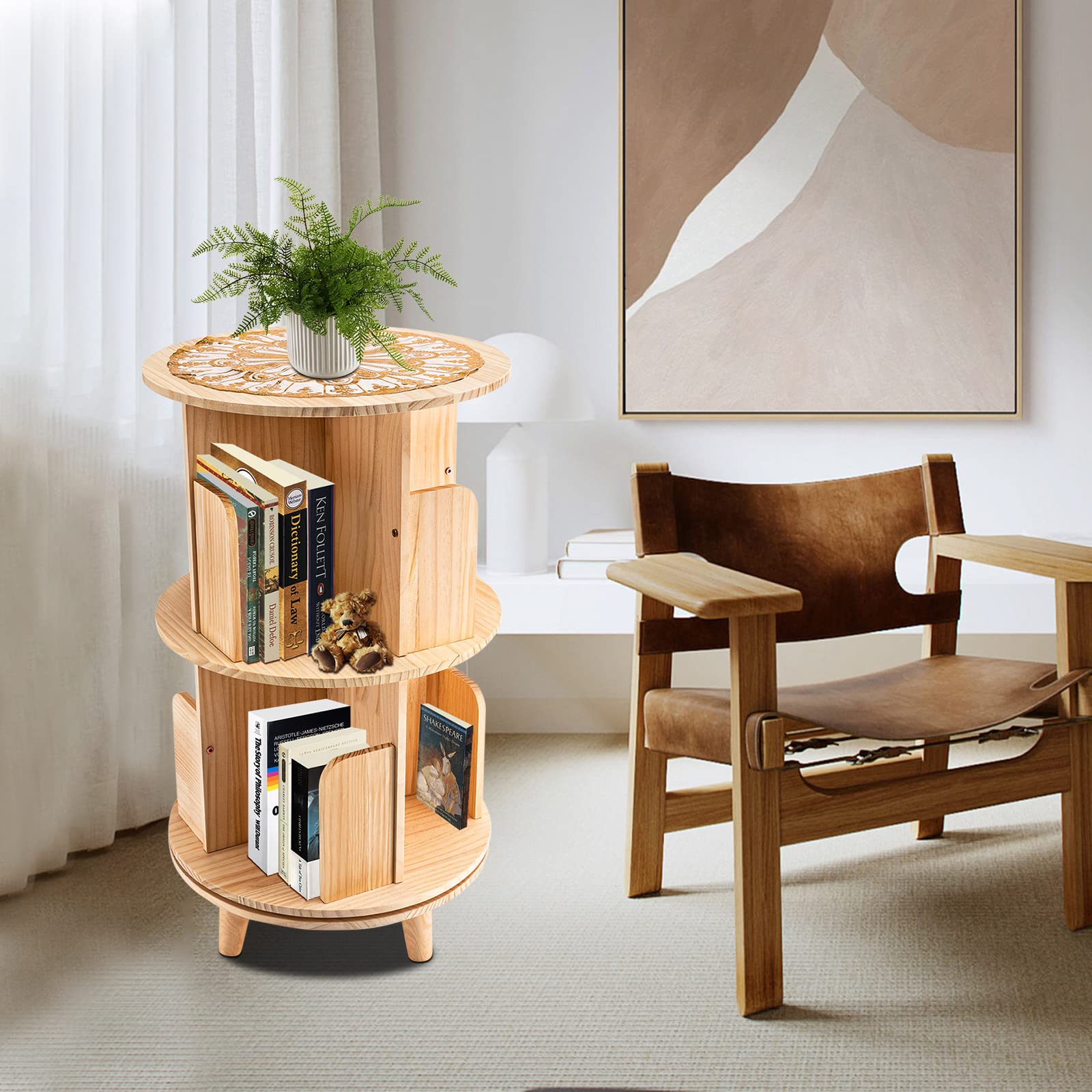 GNJINX 2-Tier Rotating Solid Wood Bookshelf - Multi-Functional Display & Storage Rack - WoodArtSupply