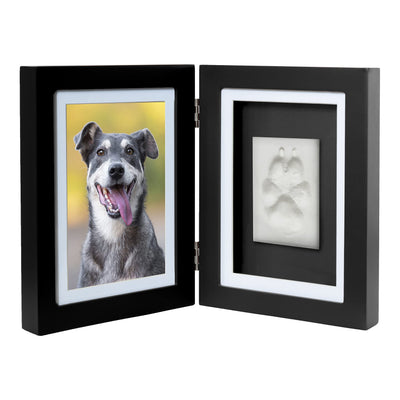 Better World Pets Paw Print + Photo Keepsake Frame Holds 4 x 6 inch or 5 x 7 Picture – Memorial Clay Imprint Kit – for Dogs and Cats – Perfect for Pet Lovers – Hinged for Desktop, Black