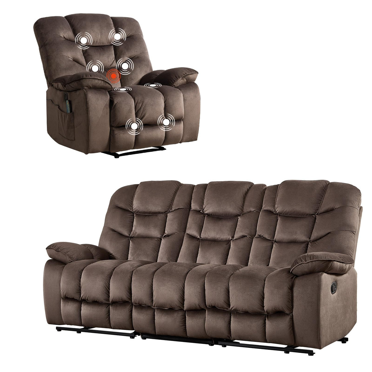 HAOMARKETS 2-Piece Recliner Sofa Couch Set, Include Single Power Electric Recliner Chair with Massage& Heat and 3-Seater Manual Reclining Sofa for Living Room Bedroom, Brown HAOMARKETS