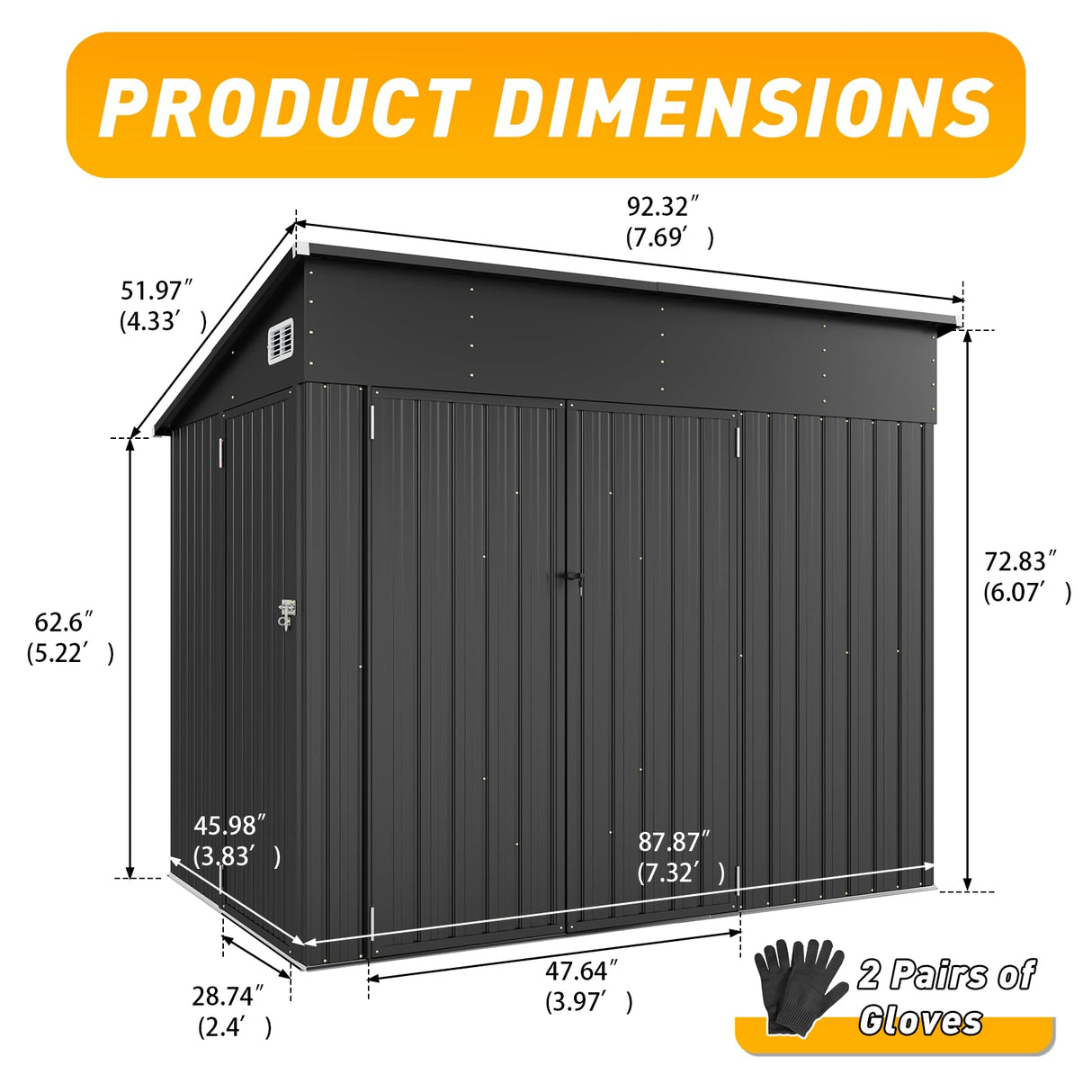 Breezestival 8'x4' Shed Galvanized Steel Storage Sheds with Triple Doors Utility Sheds for Vertical Storage, Dual Lock Lean to Shed with Sloped Roof for Mower, Bike, Garden Tools (Black) Breezestival