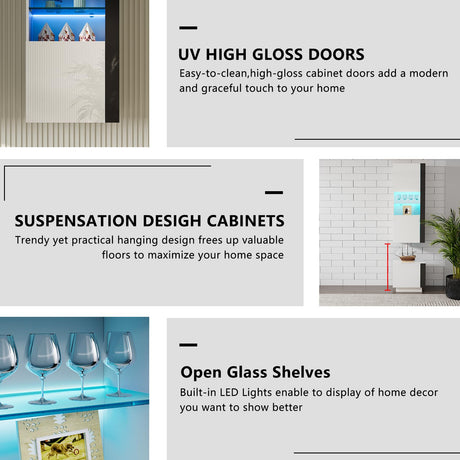 AMERLIFE Wall Storage Cabinets with LED Lights, Modern High Gloss Hanging Cabinets with 4 Closed Doors & Open Glass Shelves, for Living Room/Bedroom/Office, White(Set of 2) AMERLIFE