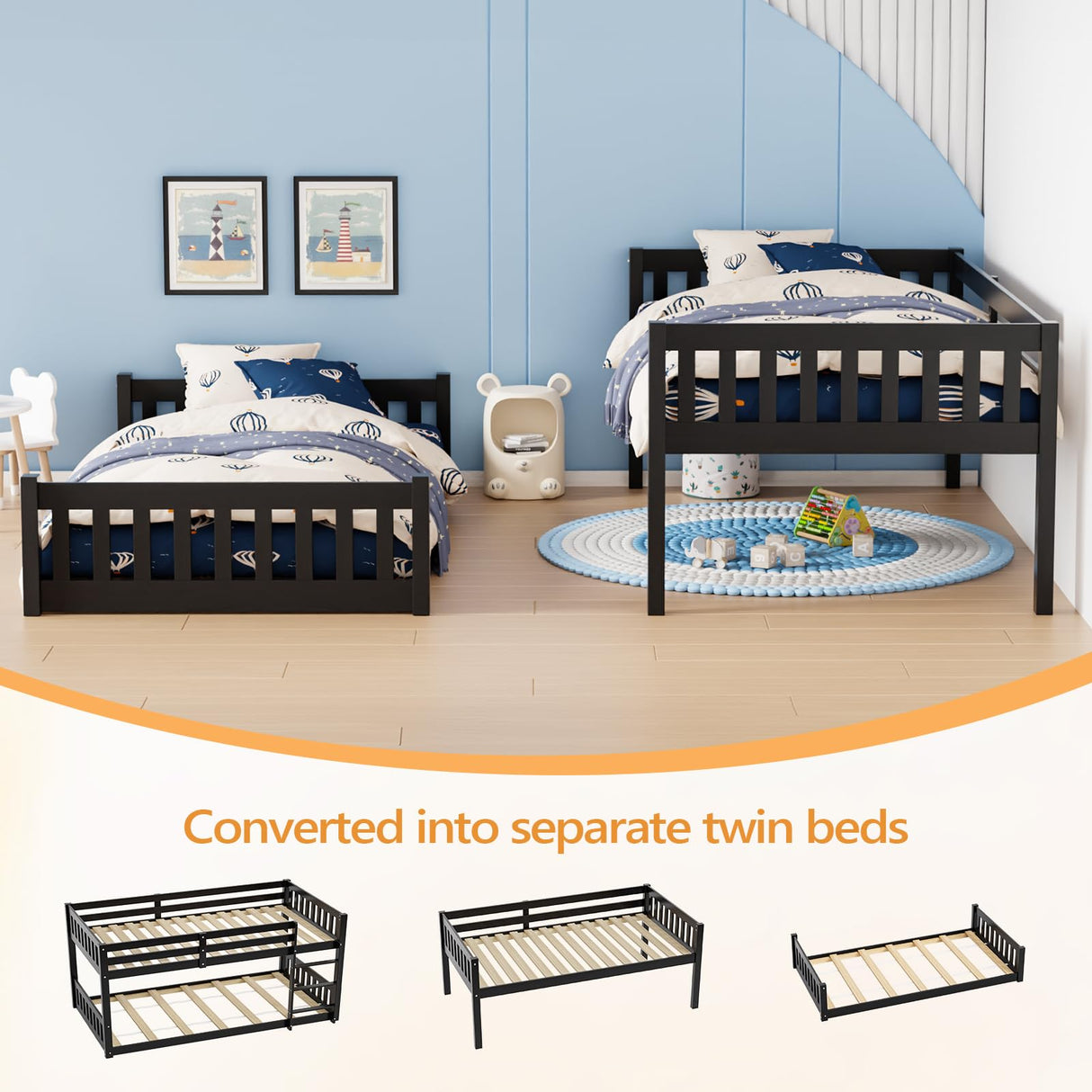 JOYMOR Solid Wood Low Twin Over Twin Bunk Bed for Kids/Junior, Bunk Bed Frame with Guardrails & Ladder for Boys Girls, No Box Spring Needed (Black) JOYMOR