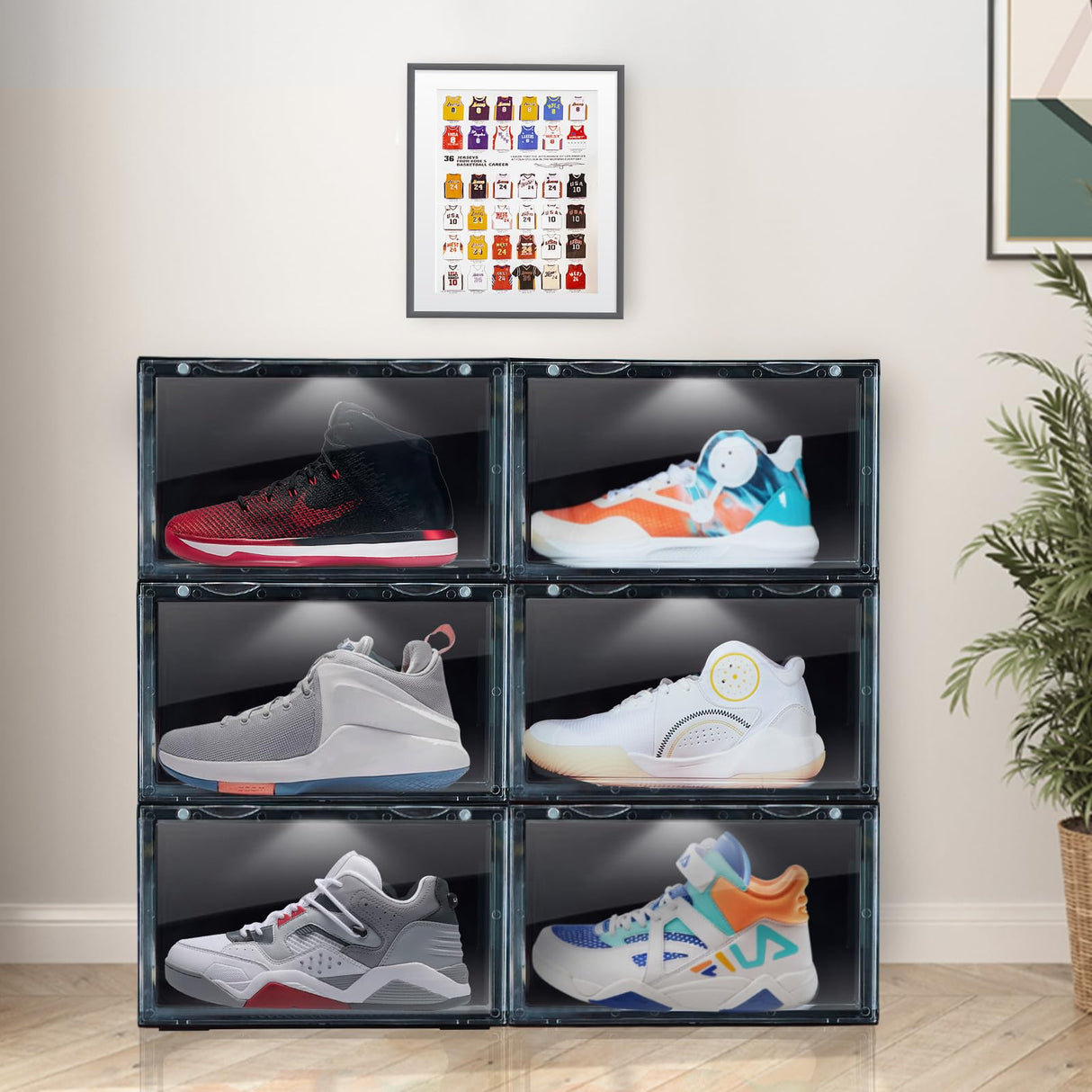 STAHMFOVER 2-Pack LED Sneakers Boxes-Voice Control,Stackable Clear Shoe Display Cases (BLACK) STAHMFOVER