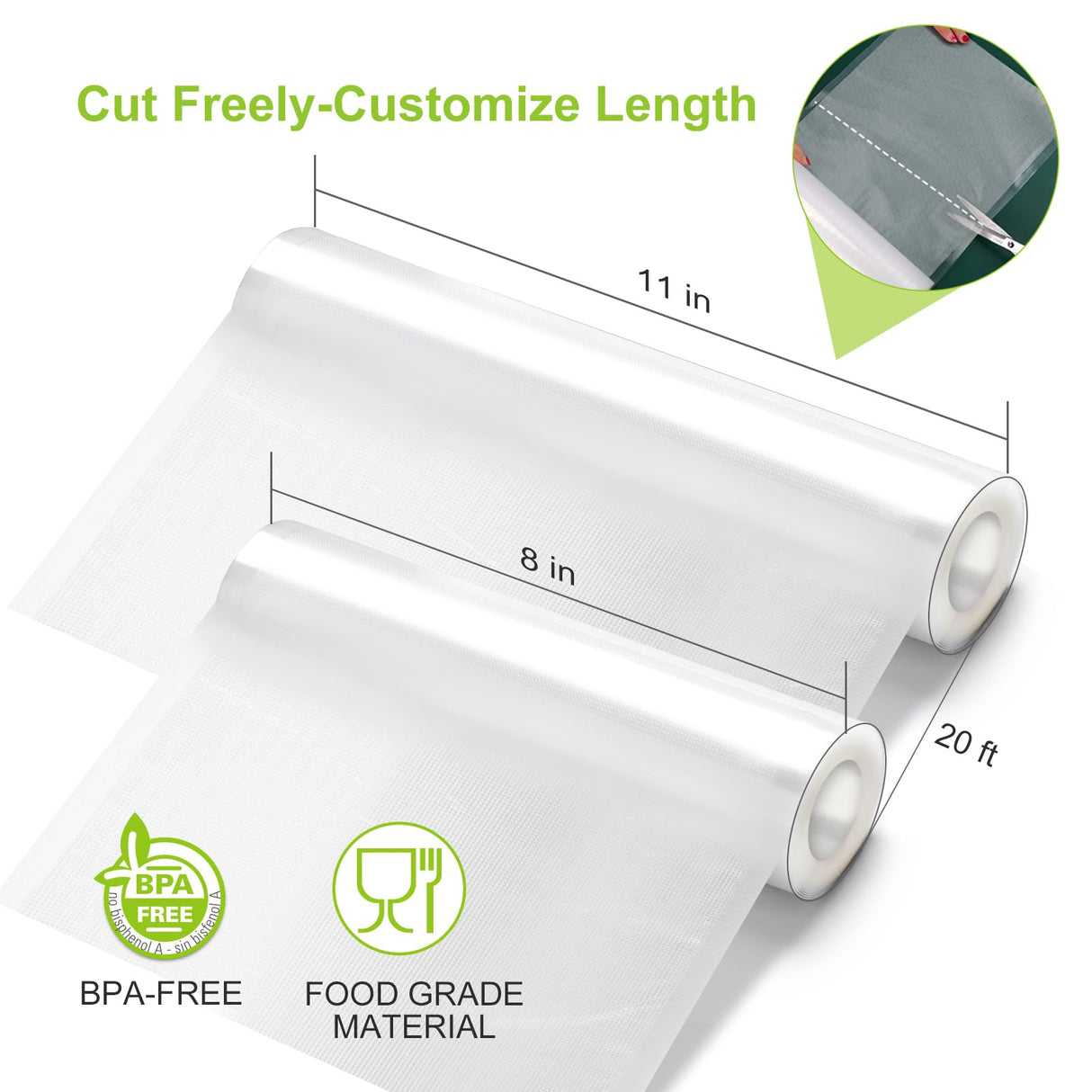 Bonsenkitchen Vacuum Sealer Rolls Bags, 6 Pack 3 Rolls 11" x 20' + 3 Rolls 8" x 20' Commercial Grade BPA Free Bag Rolls, Durable Customized Size Food Vac Bags for Storage and Sous Vide Cooking VB3211 Bonsenkitchen