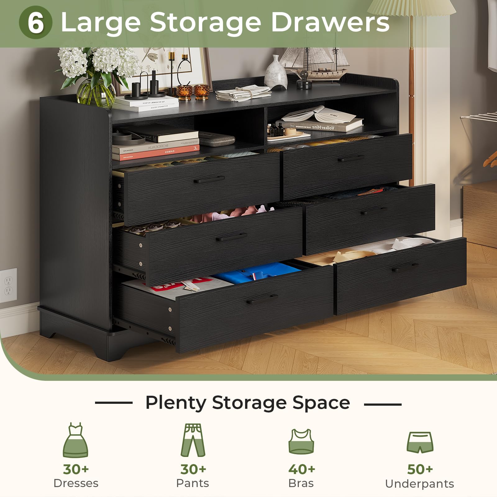 Hasuit 6 Drawers Dresser for Bedroom, Modern Chests of Drawers, Black Double Dresser with Drawers and Cubby, 14.6" D x 46.1" W x 33.6" H - WoodArtSupply