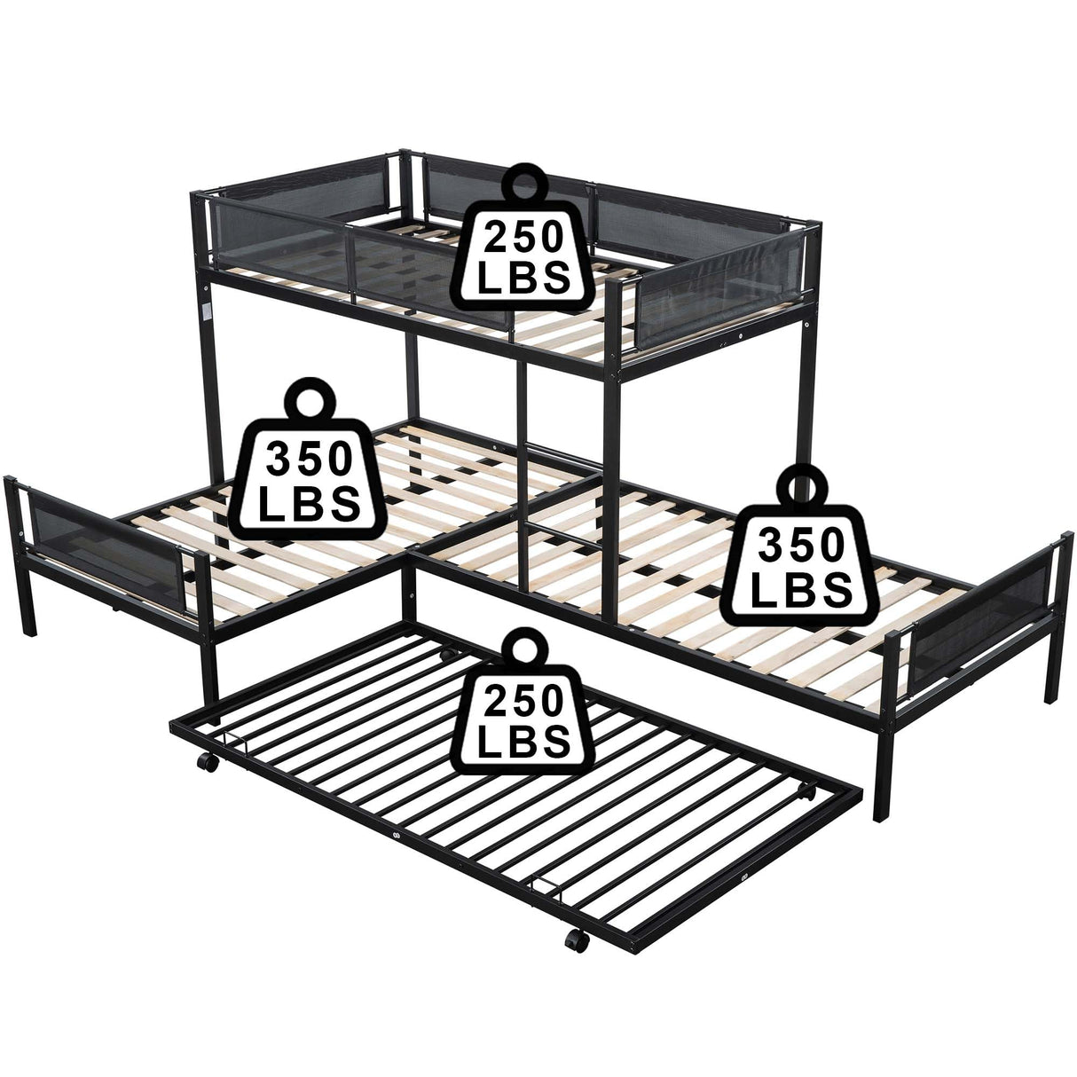 IHDKO Oversized L-Shaped Triple Bunk Bed with Trundle for Kids, Metal Quad Bunk Beds Twin Over Twin for 4 Kids, Modern 3 Bunkbeds with Ladders & Guardrails for Teens Girls Boys Adults, Black IHDKO