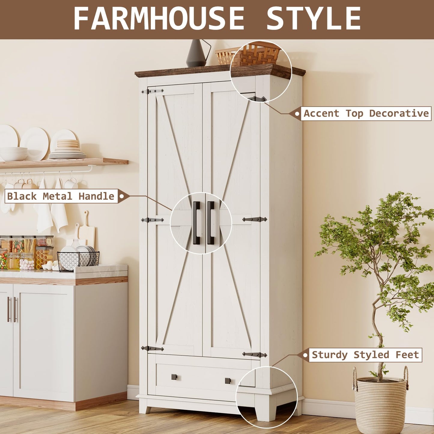 LUXOAK Farmhouse Kitchen Pantry Cabinet, 72" Tall Storage Cabinet with Adjustable Shelves & Barn Doors, Freestanding Kitchen Cupboard for Dining Room, Living Room, Barnwood+White - WoodArtSupply