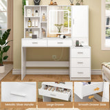 Quimoo 47" Vanity Desk with Sliding Lighted Mirror and Power Outlet, Makeup Vanity Desk with 5 Drawers and Cabinet, Hidden and Open Shelves, Vanity Table Set with 3 Color Lighting (White) Quimoo