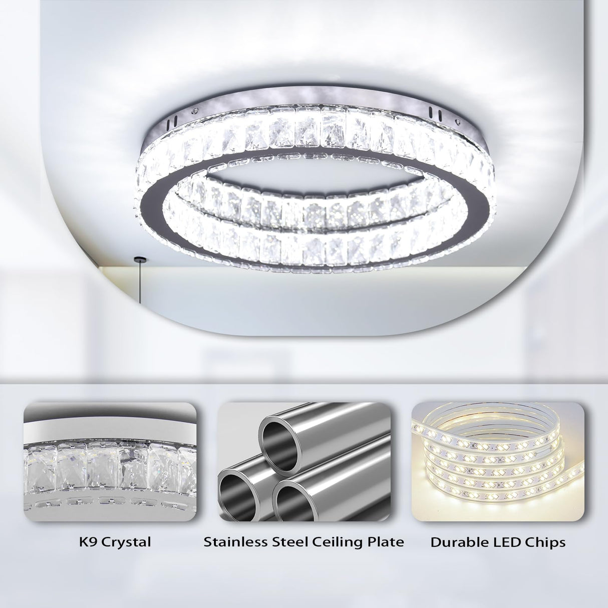 Fintonglan 17.7" Crystal Flush Mount Ceiling Light Fixtures Modern Round LED Chandelier Light Fixture Ceiling Lamp for Living Room Dining Room Kitchen 48W 6000K Finktonglan