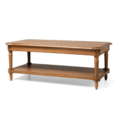 Maven Lane Pullman Large 2 Tier Traditional Rectangular Wooden Center Coffee Table with Shelf Storage in Rustic Antiqued Natural Finish Maven Lane