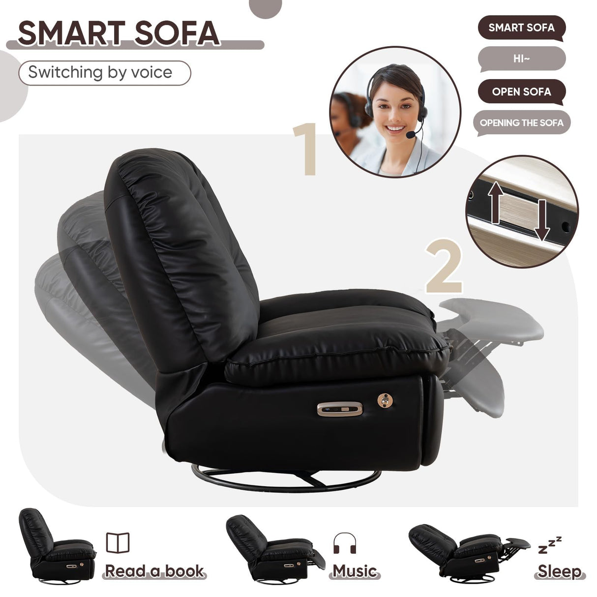 Oversized Electric Recliner Chair, 360 Swivel Rocking Glider Rocker for Adults Modern Ergonomic Lounge for Living Room Phone Stand& Smart Control Theater Seating (Black, Silicone Leather) Deolme