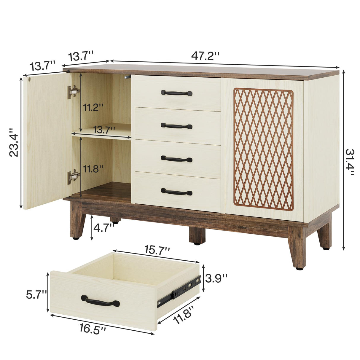 Tribesigns 4 Drawer Dresser, 47.2-Inch Farmhouse Chest of Drawer with 4-Tier Storage Shelves, Wood Dresser Organizer Cabinet for Bedroom Living Room Tribesigns