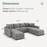 HONBAY Modular Couch with Storage U Shaped Modular Sectional Sofa, Convertible Modular Sectional Couch for Living Room, Grey HONBAY