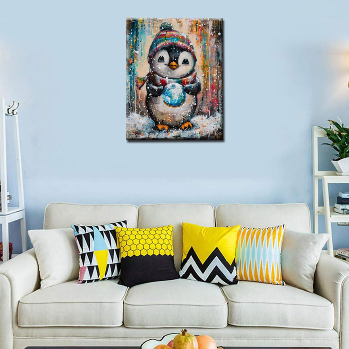 Cute Penguin Holding a Snow Globe Paint by Numbers for Adults Kids and Beginners DIY Easy Canvas Animal Oil Painting Acrylic Pigment Kits Modern Graffiti Style Home Wall Decor Gift 16x20In (Frameless) Aihonmin