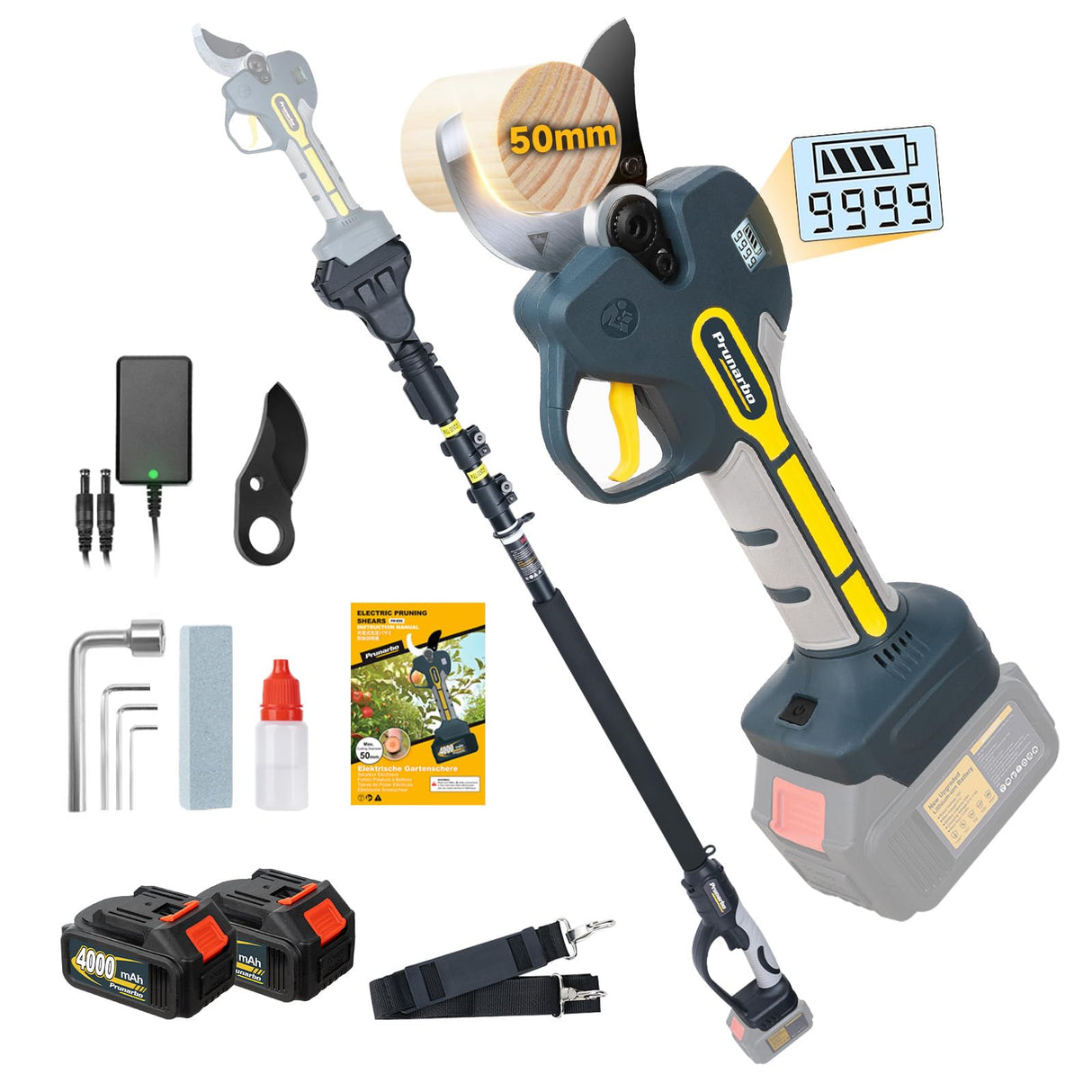 2-in-1 Electric Pruning Shears with Extension Pole 8.2-ft, Professional Electric Tree Pruner Cutter Compatible with Makita 18V Battery Secateurs Cordless 50mm (2 inch) Cutting Heavy Duty Garden Tool Prunarbo