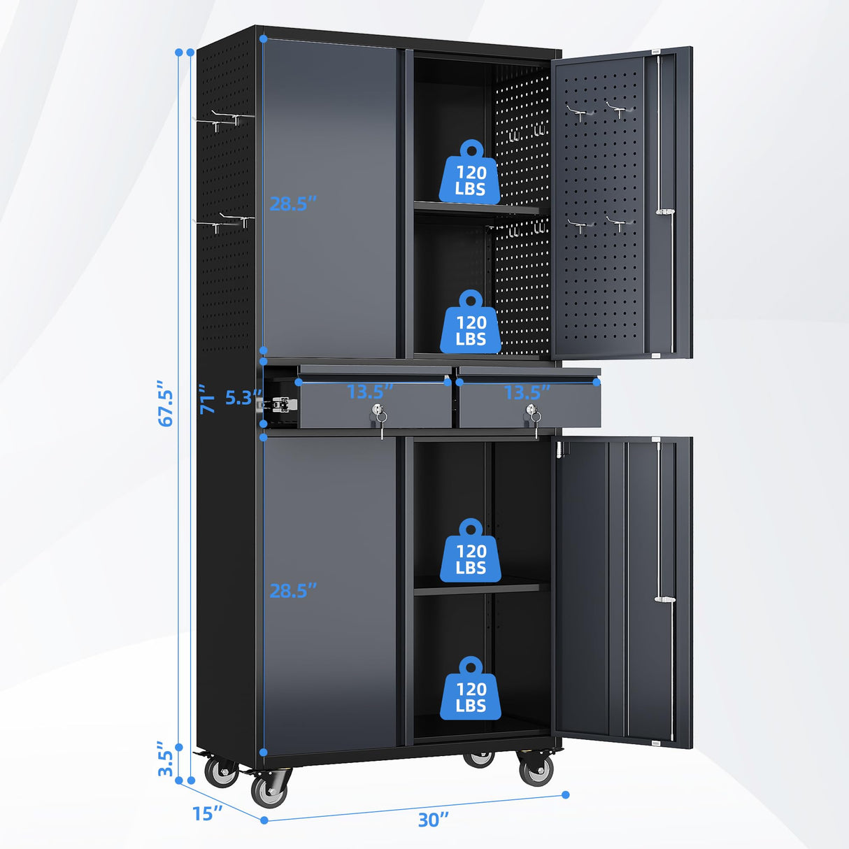 GangMei Metal Garage Storage Cabinet with 2 Drawers and 2 Adjustable Shelves, Rolling Tool Storage Cabinet with Wheels and Locking Doors for Garage, Warehouse, Black and Dark Gray GangMei