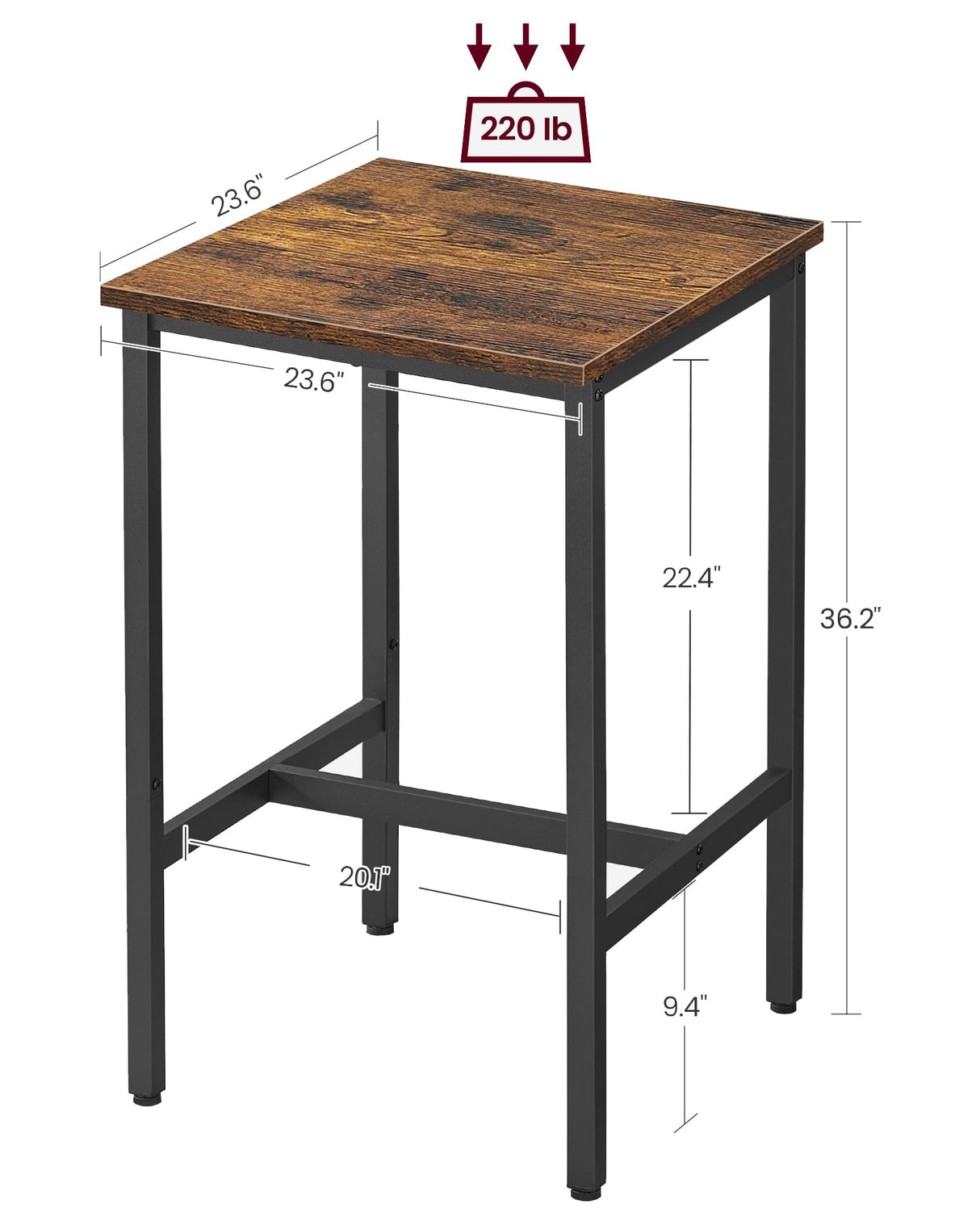 VASAGLE Bar Table, Small Kitchen Dining Table, High Top Pub Table, Height Cocktail Table for Living Room Party, Sturdy Metal Frame, 23.6 x 23.6 x 36.2 Inches for Narrow Spaces, Rustic Brown and Black VASAGLE