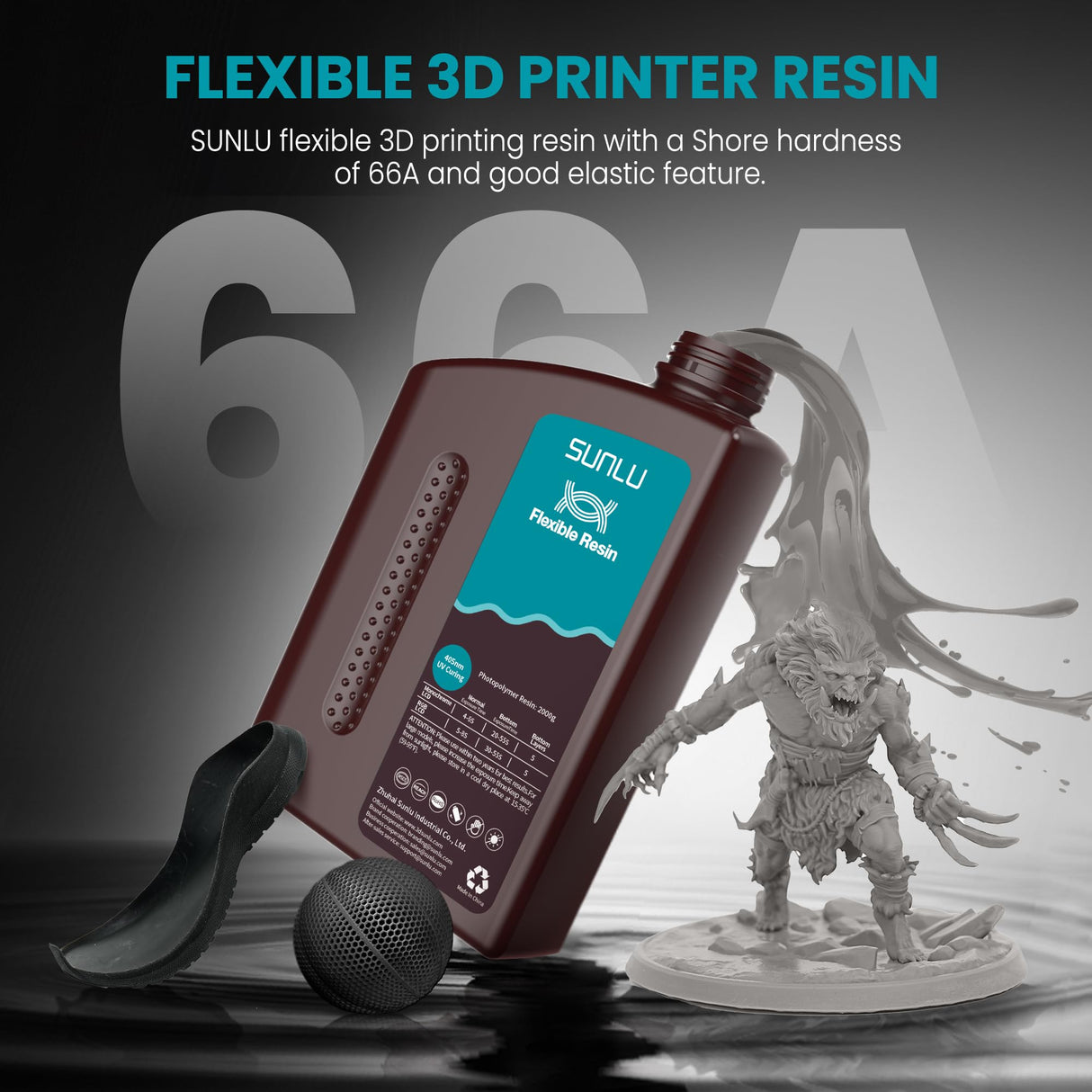 SUNLU Flexible 3D Printer Resin 2KG, 66A 3D Printing Resin for Printing Soft and Flexible Items, Bendable and Not Brittle, Fast Curing 405nm UV Photopolymer Resin. (2000G Gray) SUNLU