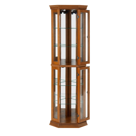 Henf 69.5" Tall Corner Cabinet, Lighted Glass Display Curio Cabinet with Glass Doors, Adjustable Shelves and Mirrored Back Panel,Curved Wood Corner Curio Storage Rack for Living Room, Bedroom Henf