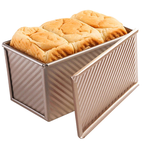 Pullman Loaf Pan with Lid, Non-Stick Bakeware Corrugated Carbon Steel Bread Toast Box Mold with Cover for Baking Bread, 1 lb Dough Capacity, Black/Golden Color Cayanmydery