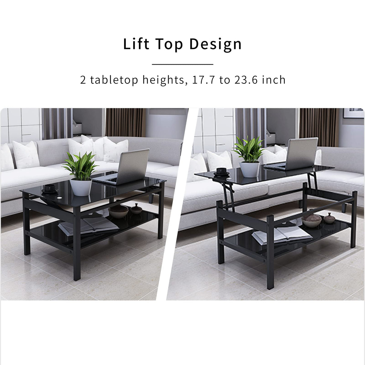 ODUSE-DAILY Black Lift Top Coffee Table, Black Glass Coffee Tables for Living Room, Small Rectangle Glass Top Coffee Table Lift Top, Black Coffee Tables for Living Room (1Pcs Coffee Table) ODUSE-DAILY