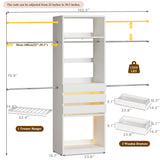 Closet System, 4-8FT Closet Organizer with 3 Wood Drawers & Glass Top, 102'' Walk in Closet with 5 Hang Rods & LED Lights & Trouser Rack, Built-in Wardrobe Clothes Rack with Shelves and Tower, White HUAHUU