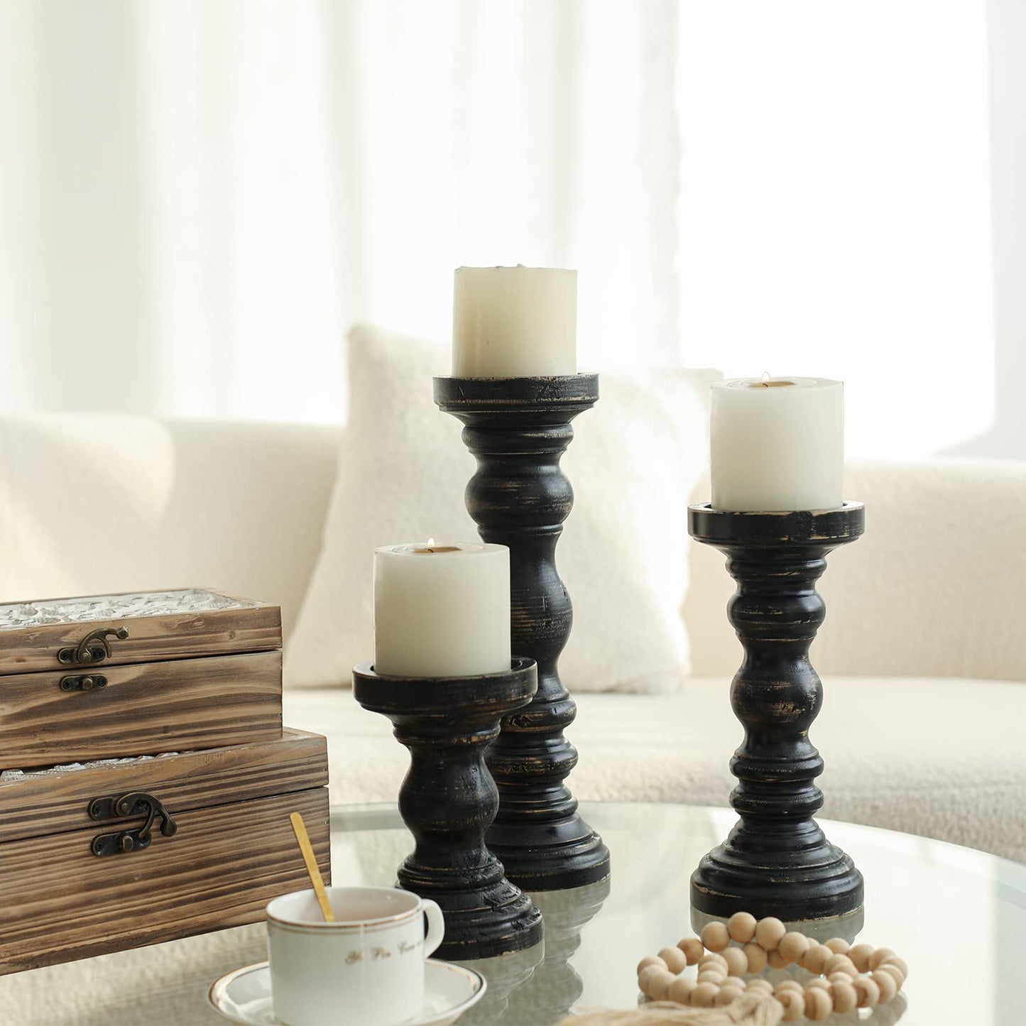 SwallowLiving Rustic Farmhouse Wood Pillar Candle Holder Set of 3 for Candlestick, Black - WoodArtSupply