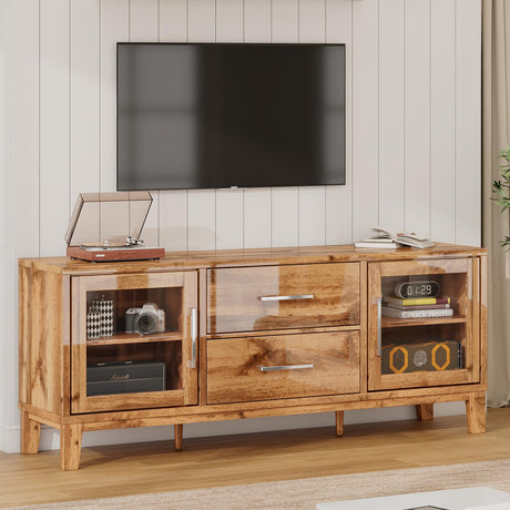 LUXOAK 63in Modern Wood TV Stand for 70+ Inch TV, Mid Century High Gloss Entertainment Center with Glass Doors & Adjustable Shelf, TV Console with Storage Drawer for Living Room, Yellow Oak, CTS008 LUXOAK