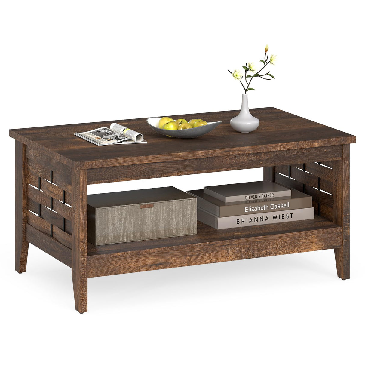Giantex Farmhouse Coffee Table, 2-Tier Center Table with Storage Open Shelf & Woven Slatted Design, 39.5" Rectangular Accent Cocktail Table, Wood Coffee Tables for Living Room (Rustic Brown) Giantex