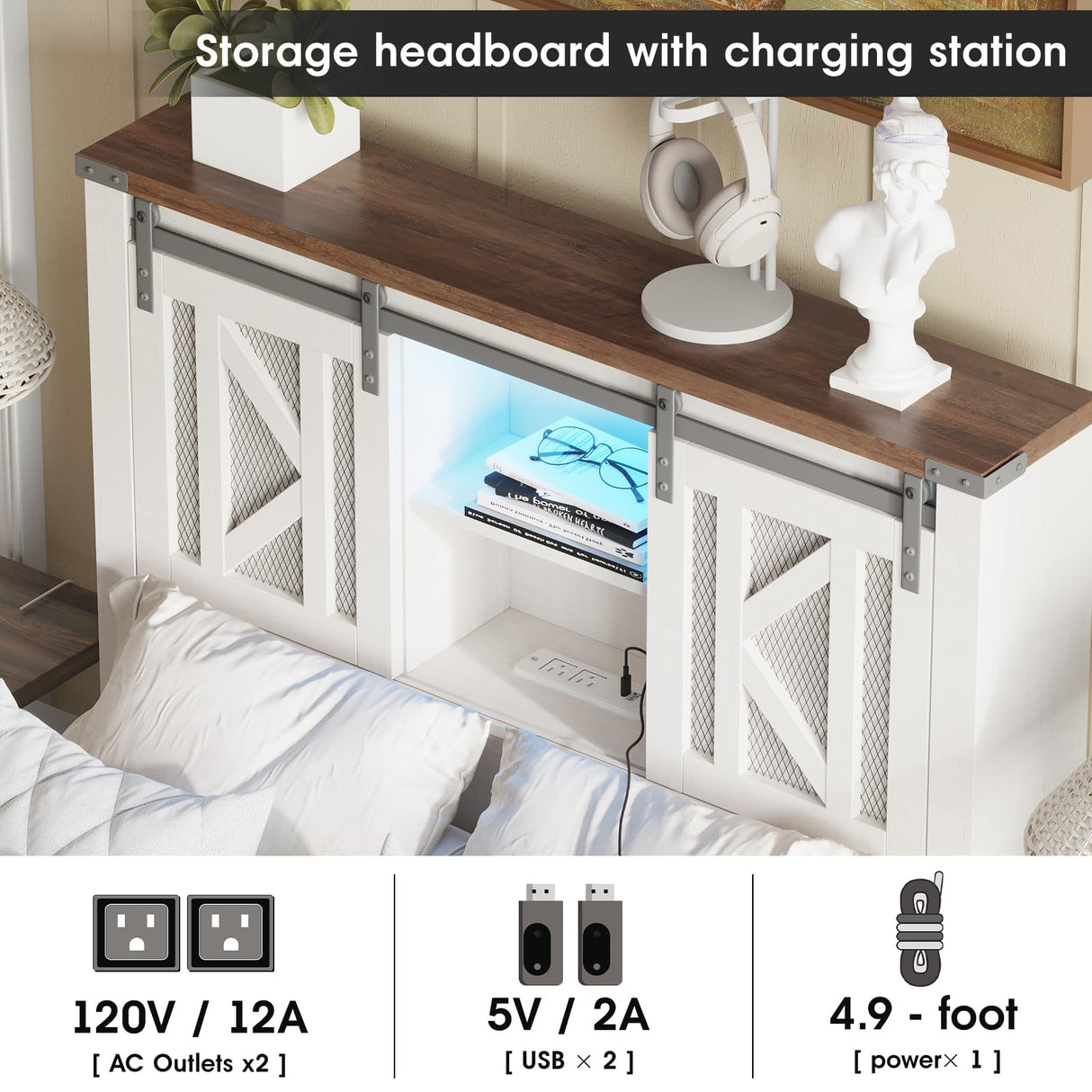 Fameill Farmhouse Twin Size Bed Frame with Storage Headboard, Sliding Barn Door Design, 2-Tier Shelves Bookcase Storage, Charging Ports & USB Outlets, LED Light, No Box Spring Needed, Easy Assembly Fameill