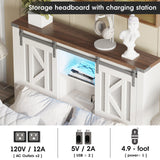 Fameill Farmhouse Twin Size Bed Frame with Storage Headboard, Sliding Barn Door Design, 2-Tier Shelves Bookcase Storage, Charging Ports & USB Outlets, LED Light, No Box Spring Needed, Easy Assembly Fameill