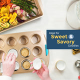 Perlli Baking Pan 10 Piece Set Nonstick Gold Steel Oven Bakeware Kitchen Set with Silicone Handles, Cookie Sheets, Round Cake Pans, 9x13 Pan with Lid, Loaf Pan, Deep Pan, Pizza Crisper, Muffin Pan PERLLI