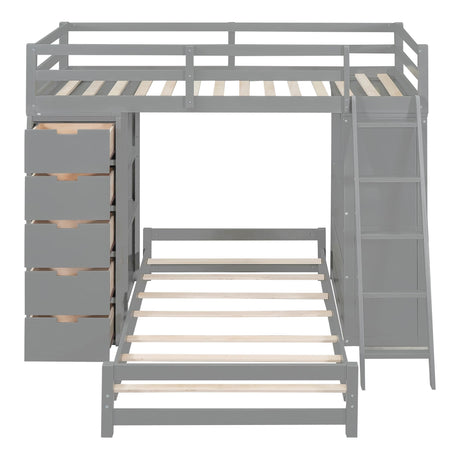 Twin Over Twin Bunk Bed with Desk, USB Ports, LED Light, Storage Drawers & Bookcase - Grey Harper & Bright Designs