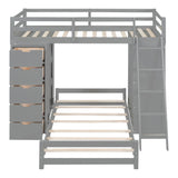 CKLMMC Twin Over Twin Bunk Bed with LED Light, USB Ports, Desks, Bookshelves, and 5 Drawers in Gray CKLMMC