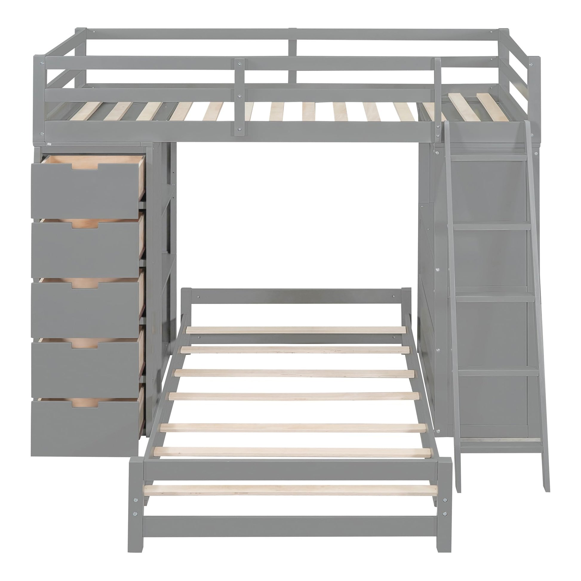 CKLMMC Twin Over Twin Bunk Bed with LED Light, USB Ports, Desks, Bookshelves, and 5 Drawers in Gray - WoodArtSupply