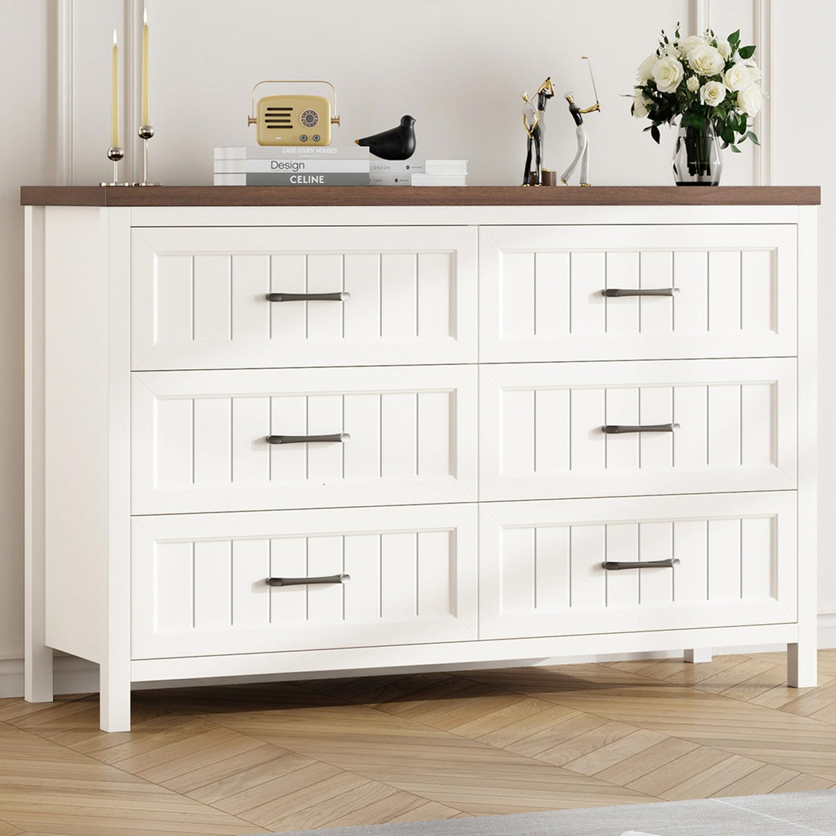 Jocoevol Farmhouse Dresser 6 Drawer Dresser for Bedroom, Large Wooden Dressers Double Grey Dresser with Deep Drawers Dressers for Hallway, Entryway (White and Brown) Jocoevol