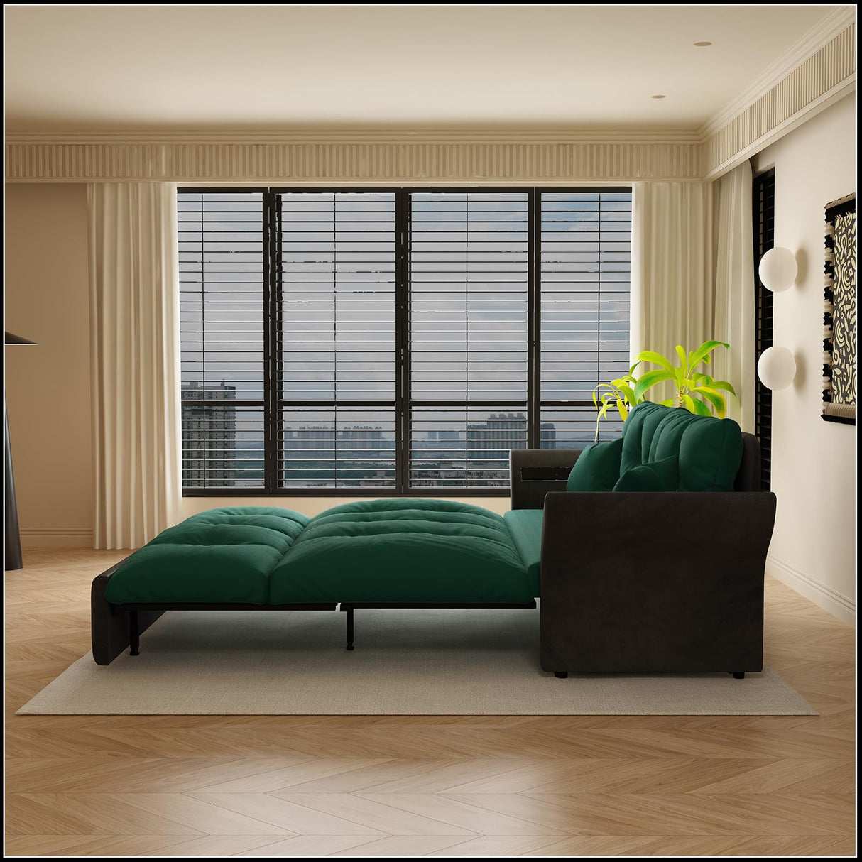 CALABASH 74.8" Futon Sofa Bed Queen Size, Pull Out Bed, 3-in-1 Convertible Sleeper Loveseat Sofa with 2 Soft Pillows, Modern Velvet Futon Couch for Living Room, Apartment, Bedroom, Small Space, Green CALABASH