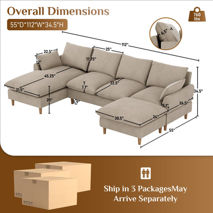 Nolohoo Cloud Couch Sectional Sofa, Modern Large Modular Sofas with Chaise, Convertible Ottoman, 112" Comfy Fluffy U Shape Sectional Couches for Living Room, Apartment, Light Brown